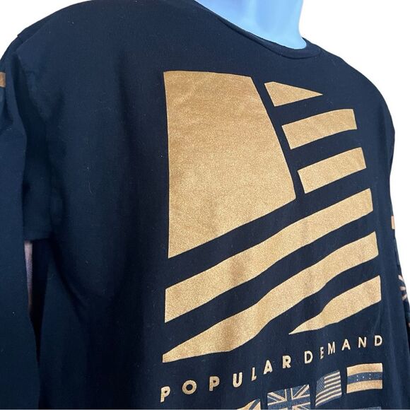 Mens Popular Demand Black Long Sleeve w Metallic Print Graphic Tee Shirt - Sz M - Picture 2 of 2